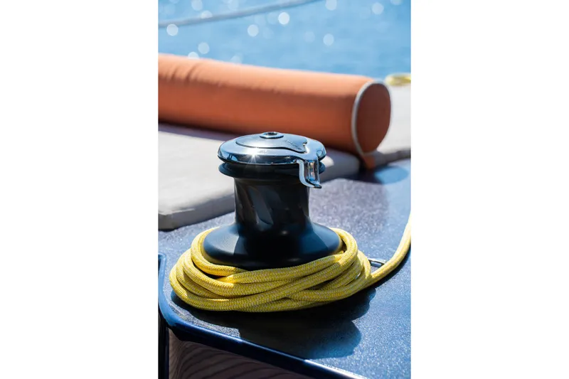 Yacht Photos Pics Winch with yellow rope on 2024 Sunreef 60 Eco yacht deck.
