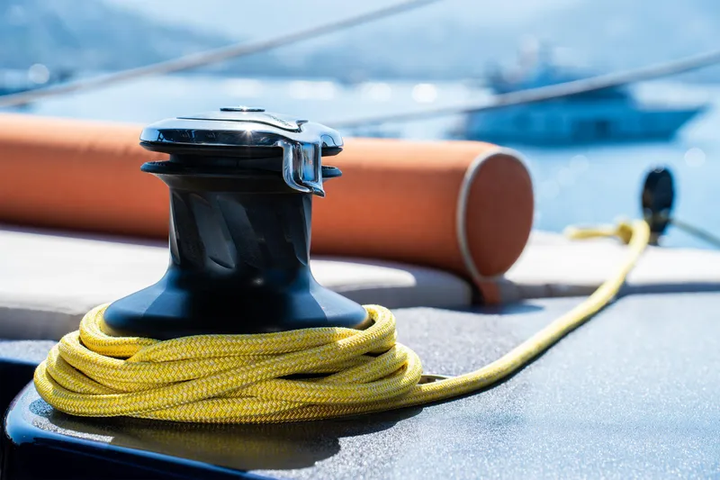  Yacht Photos Pics Close-up of a winch and rope on a 2024 Sunreef 60 Eco yacht.
