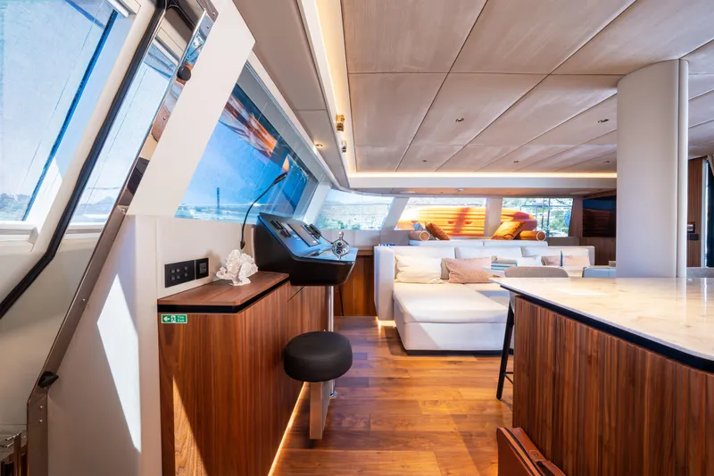  Yacht Photos Pics Luxurious interior of 2024 Sunreef 60 Eco yacht with modern design and elegant furnishings.