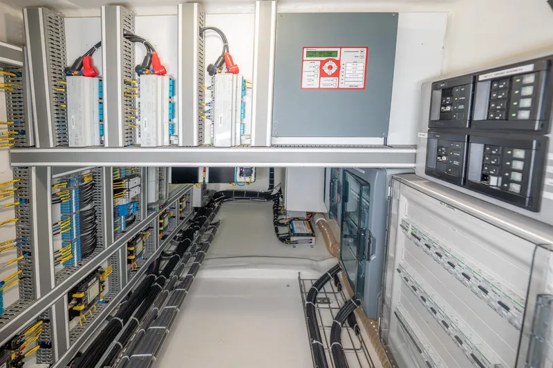  Yacht Photos Pics Electrical system of 2024 Sunreef 60 Eco yacht, showcasing advanced wiring and control panels.