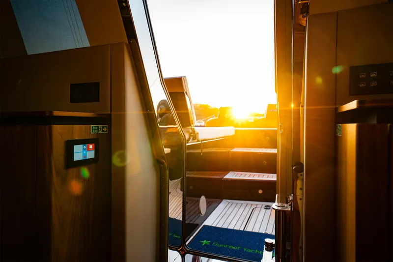  Yacht Photos Pics Sunset view from Sunreef 60 Eco yacht interior, showcasing modern design, 2024 model.