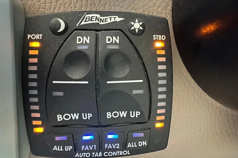  Yacht Photos Pics Control panel of a 2019 Regal 42 Fly boat with Bennett auto tab controls.