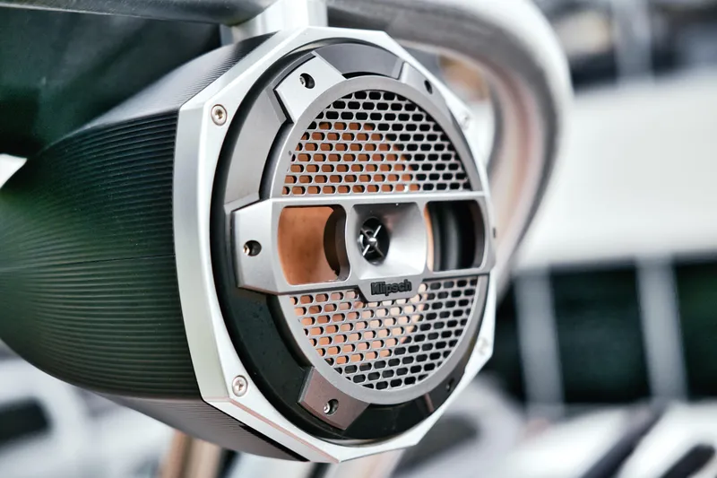  Yacht Photos Pics Close-up of a Klipsch speaker on a 2022 MasterCraft X24 boat.