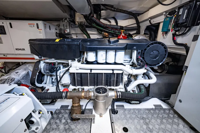 Next Play Yacht Photos Pics Engine room of 2024 Azimut Fly 68 yacht, featuring advanced machinery and components.