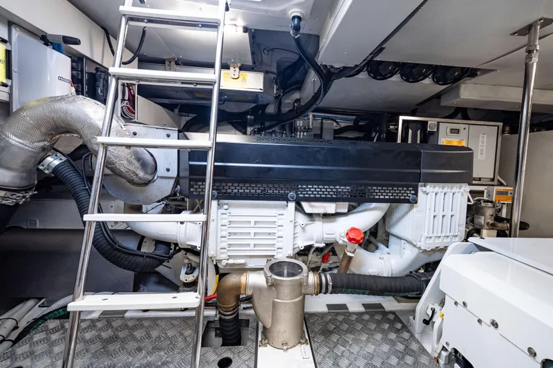 Next Play Yacht Photos Pics Engine room of 2024 Azimut Fly 68 yacht, featuring advanced machinery and equipment.