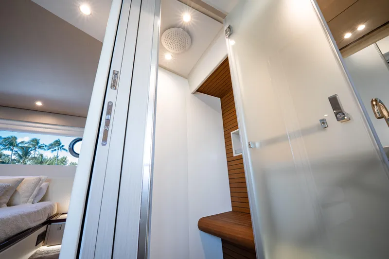 Next Play Yacht Photos Pics Luxurious interior of 2024 Azimut Fly 68 yacht, featuring modern design and elegant finishes.