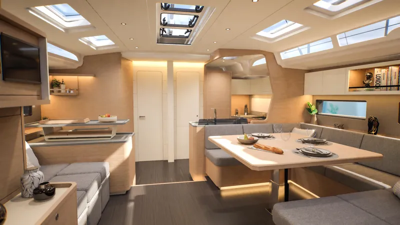  Yacht Photos Pics Luxurious interior of 2025 Dufour 54 yacht with modern dining and seating area.
