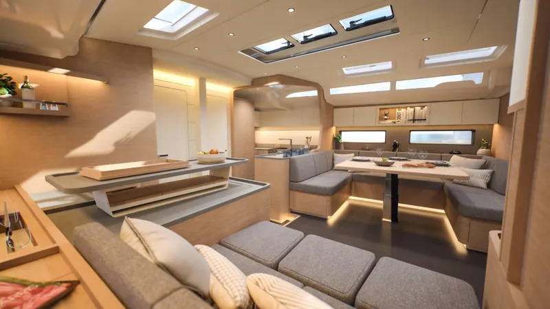  Yacht Photos Pics Luxurious interior of 2025 Dufour 54 yacht with modern design and ambient lighting.