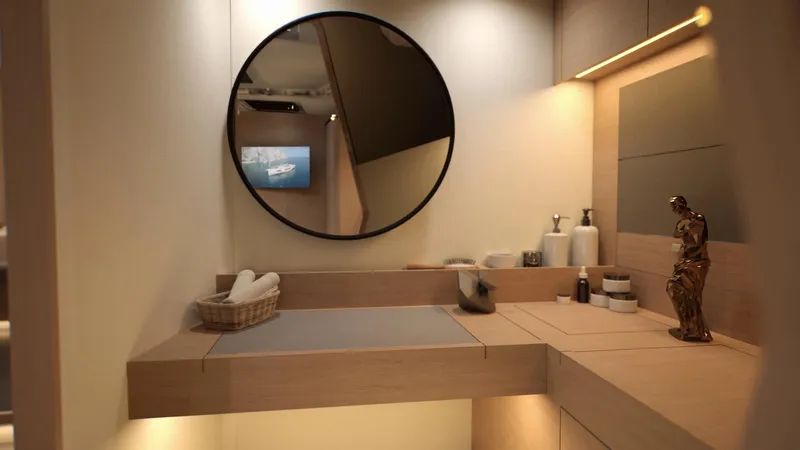  Yacht Photos Pics Modern bathroom interior on 2025 Dufour 54 yacht, featuring round mirror and elegant decor.