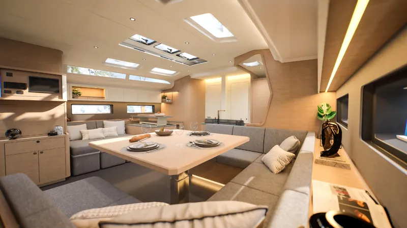  Yacht Photos Pics Luxurious interior of 2025 Dufour 54 yacht with elegant dining area and modern design.