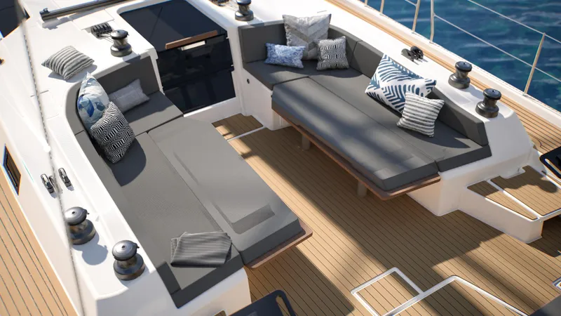  Yacht Photos Pics Luxurious 2025 Dufour 54 yacht deck with stylish seating and cushions.