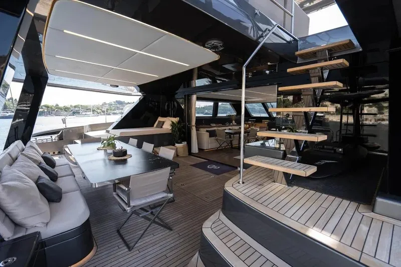  Yacht Photos Pics Luxurious Sunreef 60 Power Eco yacht interior, featuring elegant seating and modern design, 2024 model.