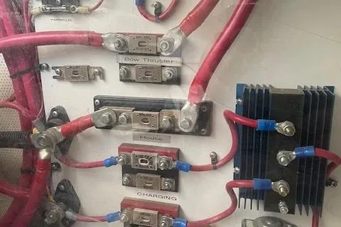 Picnic Boat Yacht Photos Pics Electrical panel of 2003 Legacy Yachts 34 Express with labeled wiring and components.