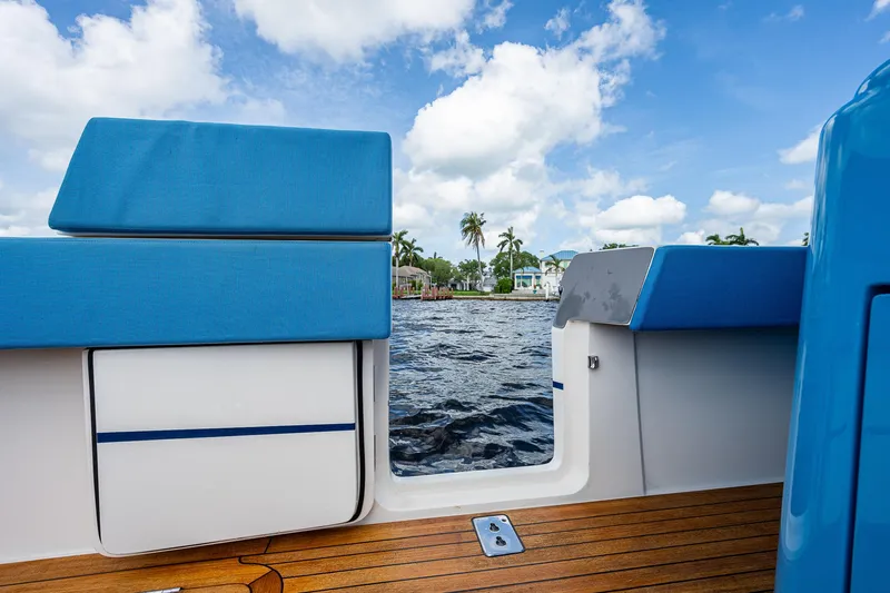 Mother Mary Yacht Photos Pics View from the deck of a 2021 Gulf Crosser 52 yacht with blue seating.