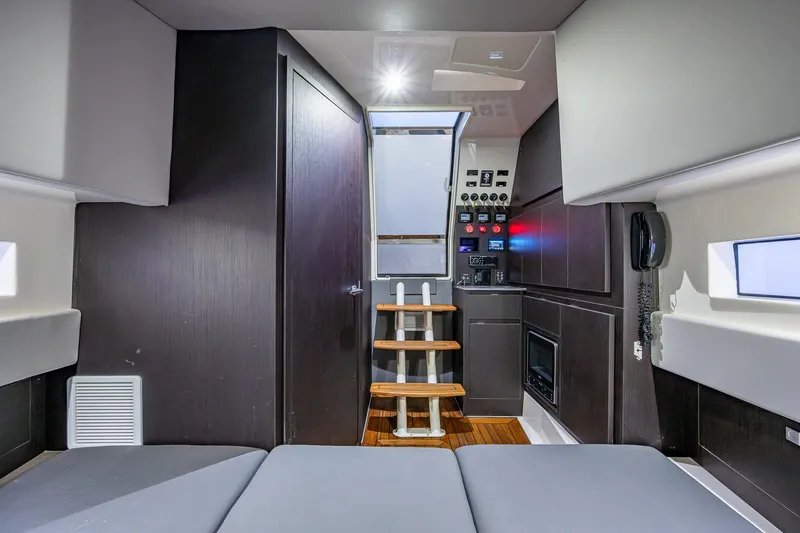 Mother Mary Yacht Photos Pics Interior of 2021 Gulf Crosser 52 yacht with modern design and control panel.