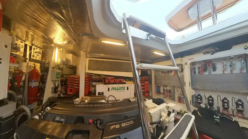 Blue Haven Yacht Photos Pics Engine room of 2014 Prestige 620S yacht with IPS 900 system and ladder access.