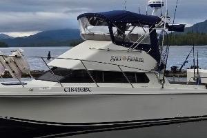 1997 Skipjack 262 Flybridge boat docked by a scenic lake.