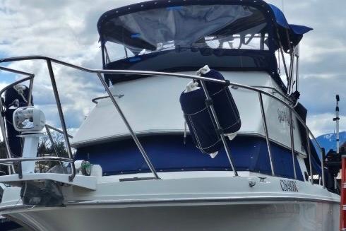 1997 Skipjack 262 Flybridge boat with blue canopy and fenders, docked under cloudy skies.