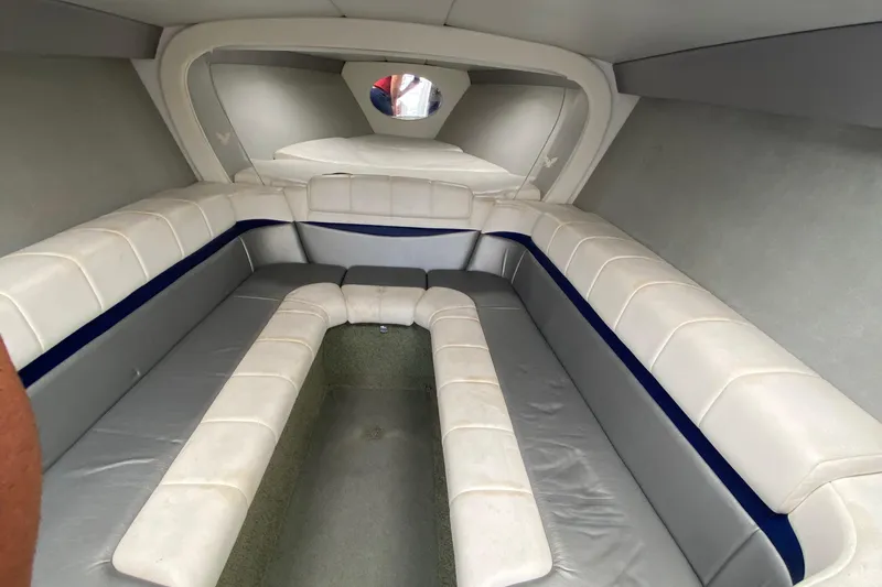  Yacht Photos Pics Interior of 2013 Formula 382 FASTech boat with white and gray seating.