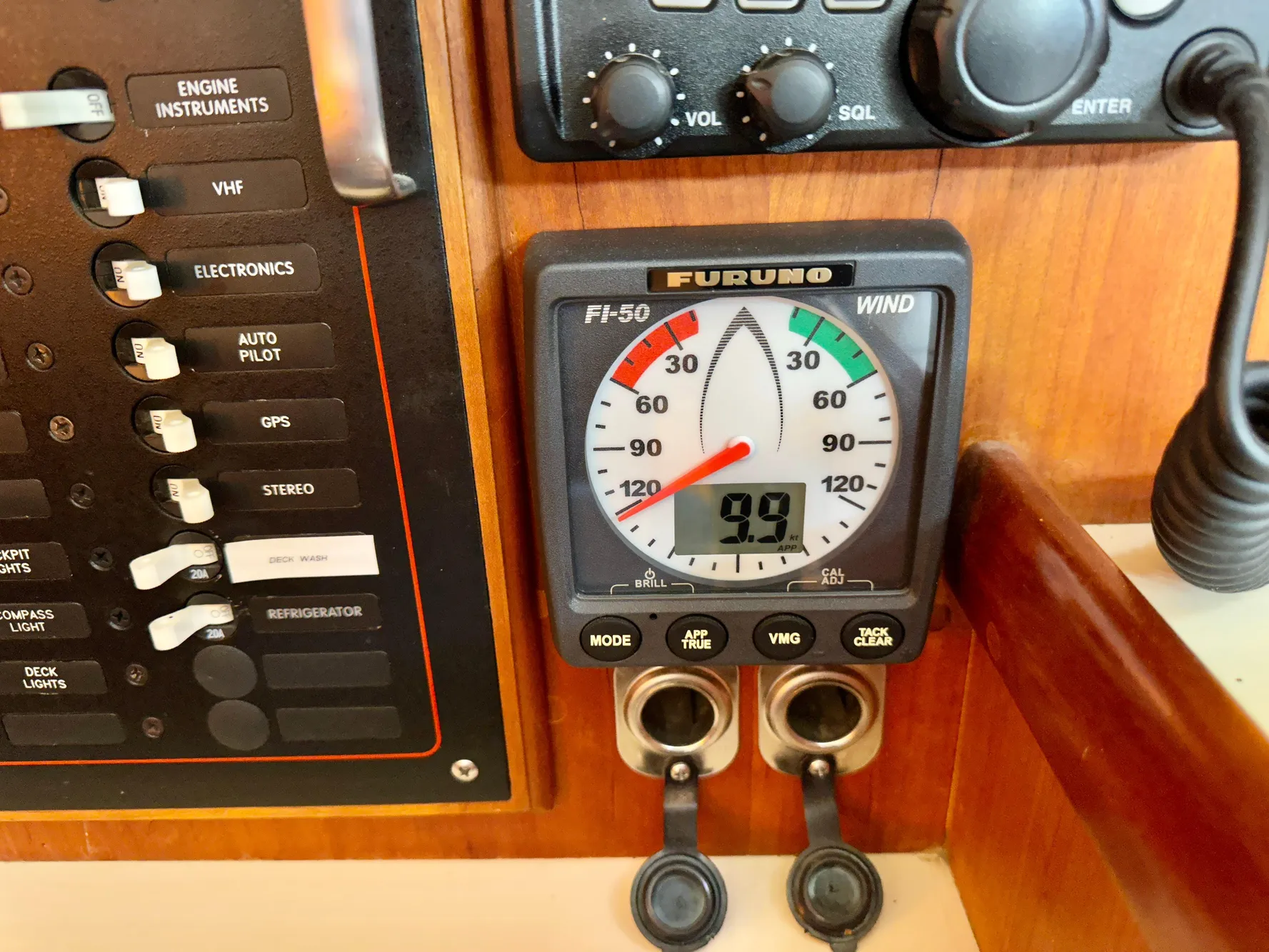 Furuno wind gauge on 1996 Valiant 39 yacht dashboard, displaying wind speed and direction.
