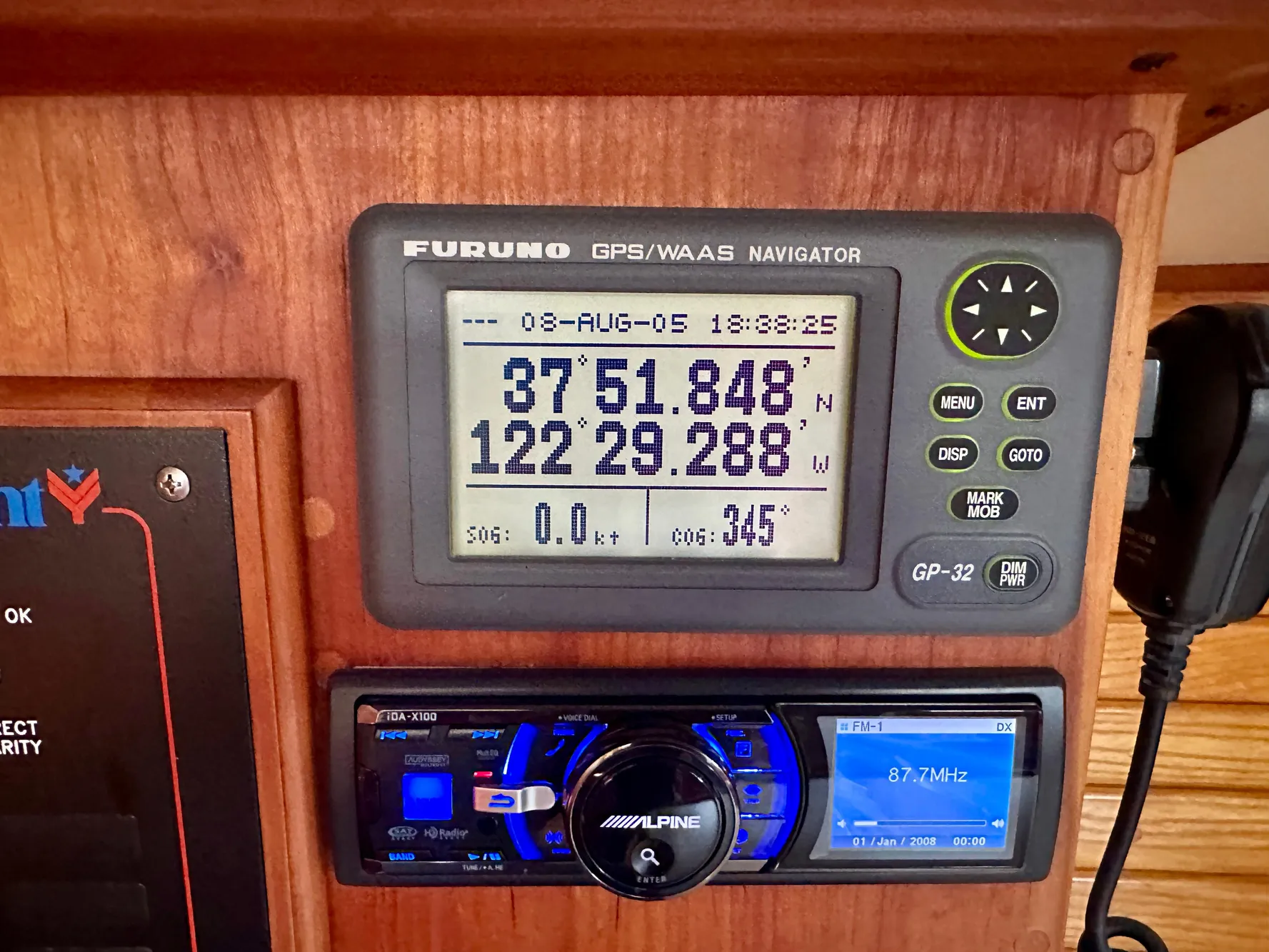 Furuno GPS navigator on 1996 Valiant 39, displaying coordinates and speed.