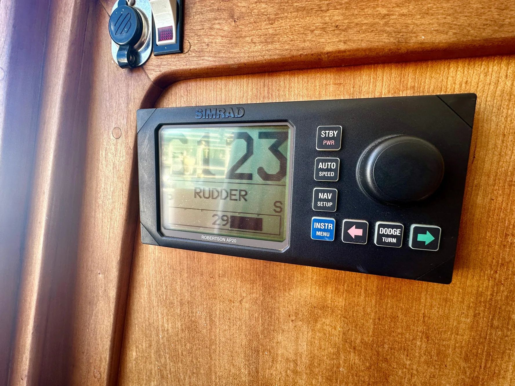 Simrad navigation display on 1996 Valiant 39 boat, showing rudder position.