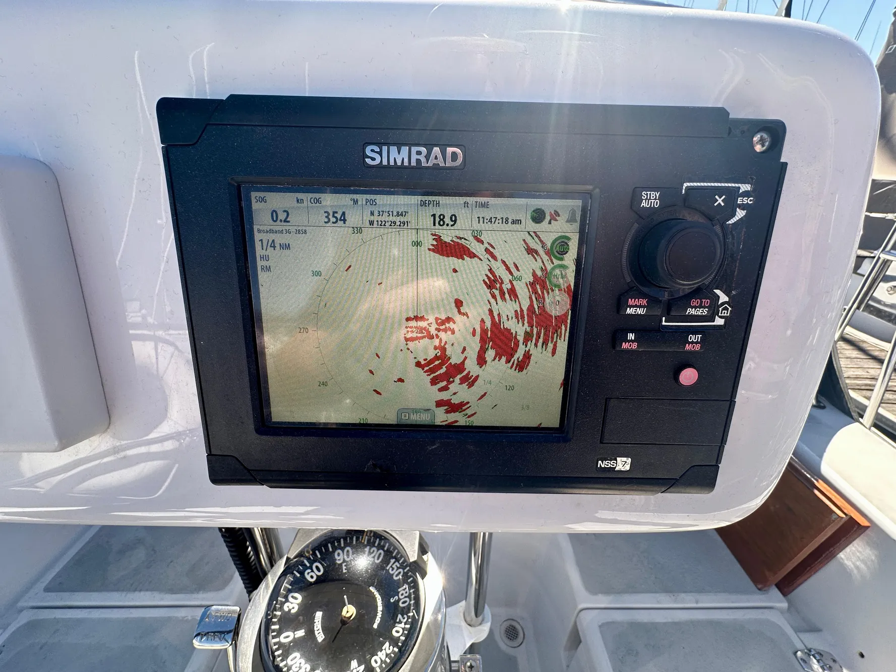 Simrad navigation system on 1996 Valiant 39 sailboat, displaying radar data.