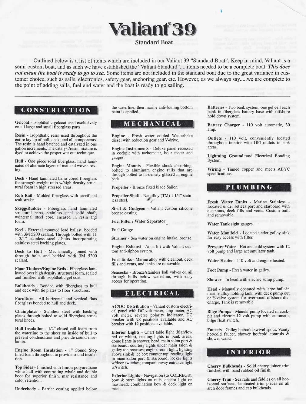 Valiant 39 Standard Boat Specifications Sheet, 1996 Model, Detailing Construction, Mechanical, Plumbing, Electrical, and Interior Features.