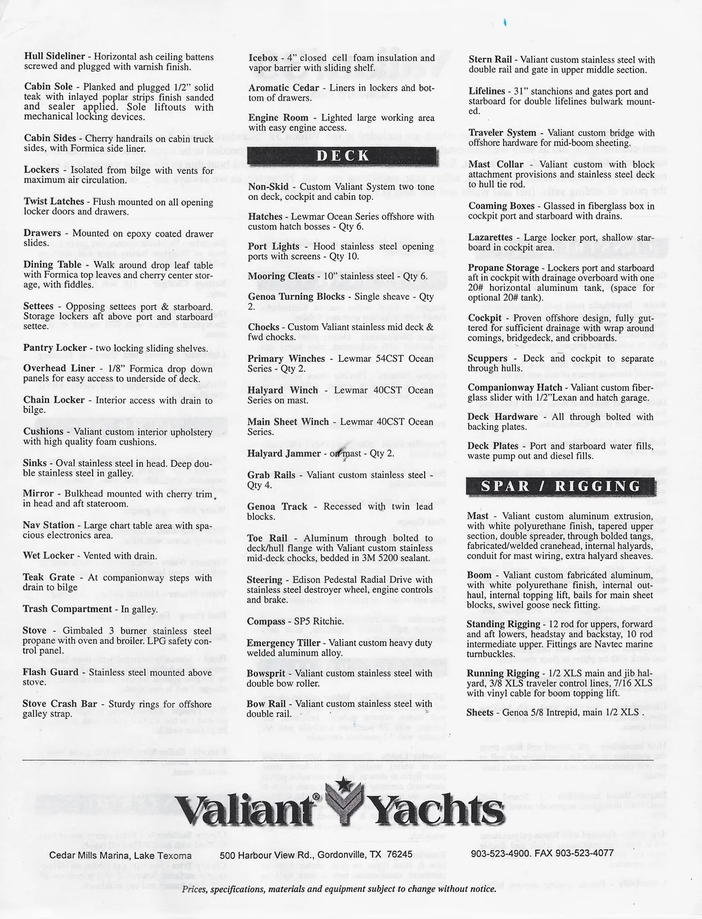 Valiant Yachts 1996 brochure detailing features of the Valiant 39 model, including deck and rigging.