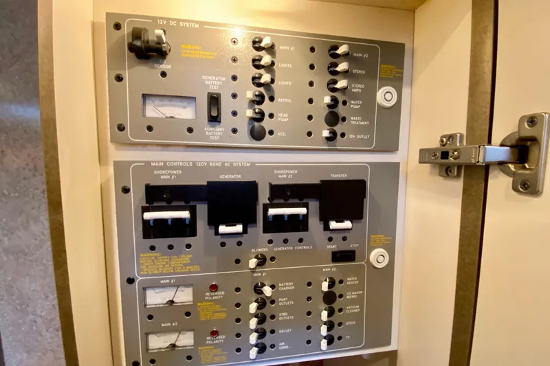  Yacht Photos Pics Control panel of a 2004 Formula 37 PC boat, featuring 12V DC and 120V AC systems.