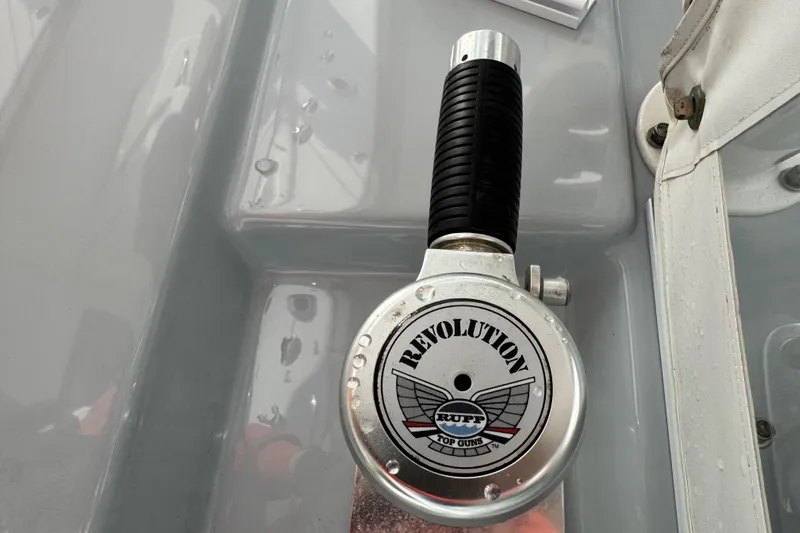  Yacht Photos Pics Throttle control handle on 2021 Cape Horn 31 T boat, featuring "Revolution" branding.