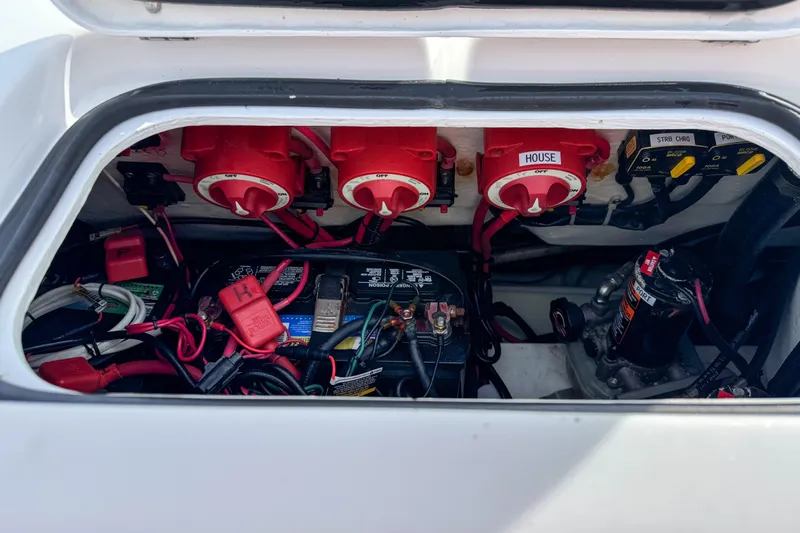  Yacht Photos Pics Electrical system of a 2021 Cape Horn 31 T boat, featuring battery switches and wiring.