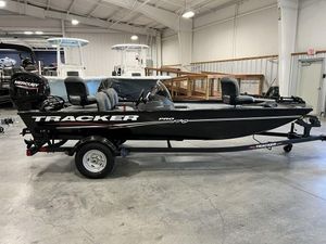2024 Tracker Pro 170 fishing boat in showroom, side view.