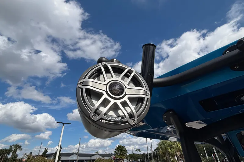  Yacht Photos Pics Outdoor JL Audio speaker on a 2024 GSX 36 boat under a blue sky.