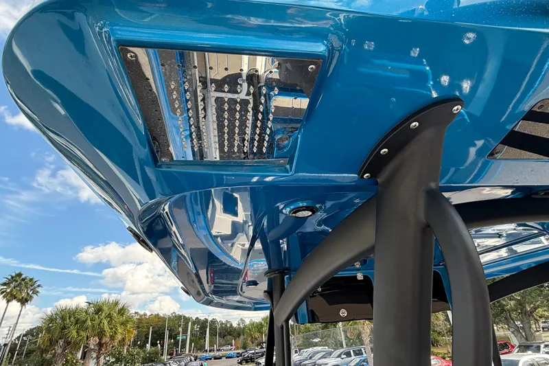  Yacht Photos Pics 2024 GSX 36 boat underside view with blue hull and support structure.