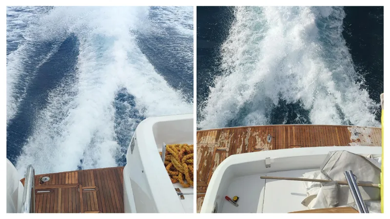  Yacht Photos Pics Azimut Magellano 53 yacht cruising, showcasing wooden deck and ocean wake, 2015 model.