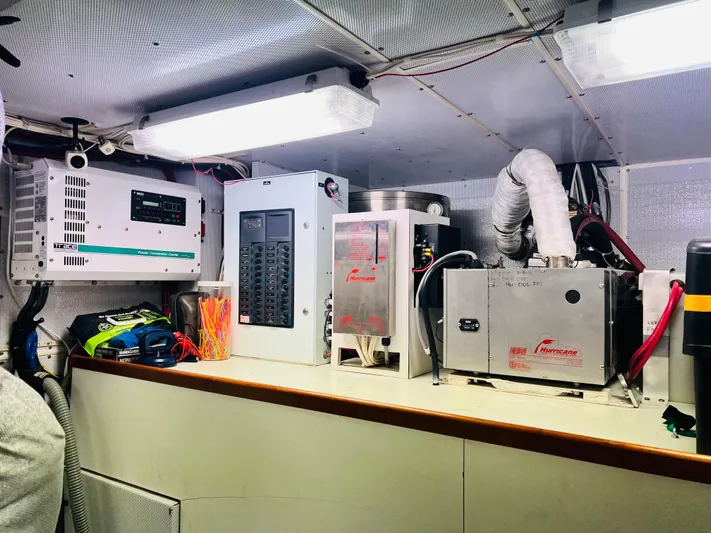 Journey Yacht Photos Pics Electrical equipment inside a 2001 Bracewell Latitude 47 yacht engine room.