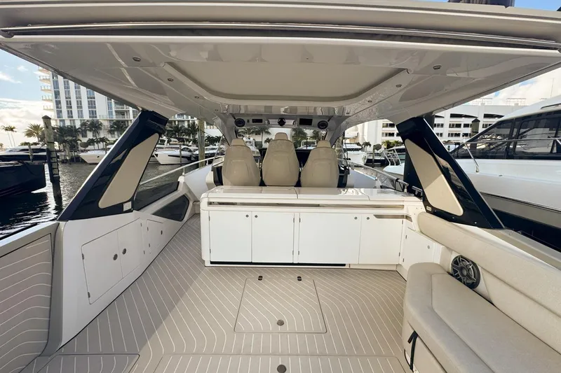 Chicken Money Yacht Photos Pics 2023 Azimut Verve 47 luxury yacht interior with sleek seating and modern design.