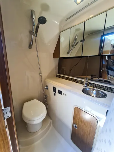  Yacht Photos Pics 2015 Cruisers Yachts 350 Express bathroom with shower, toilet, and mirrored cabinet.