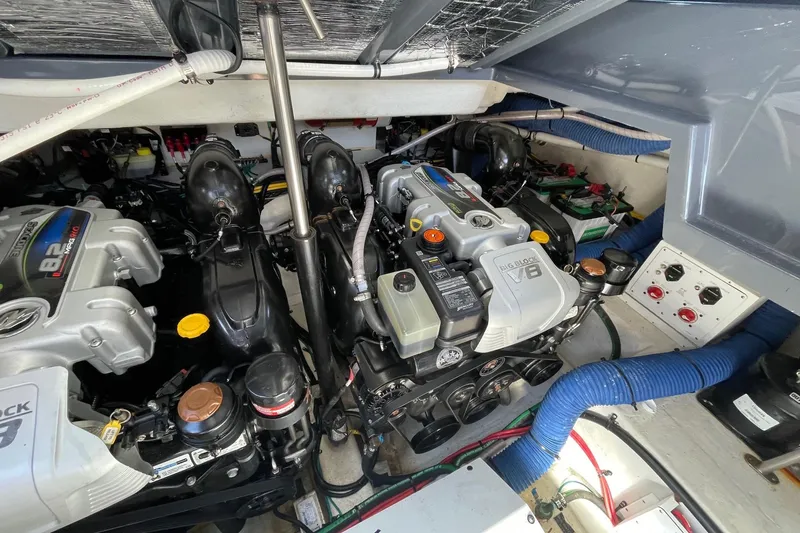  Yacht Photos Pics Engine compartment of 2023 Cruisers Yachts 38 GLS I/O, featuring dual V8 engines.