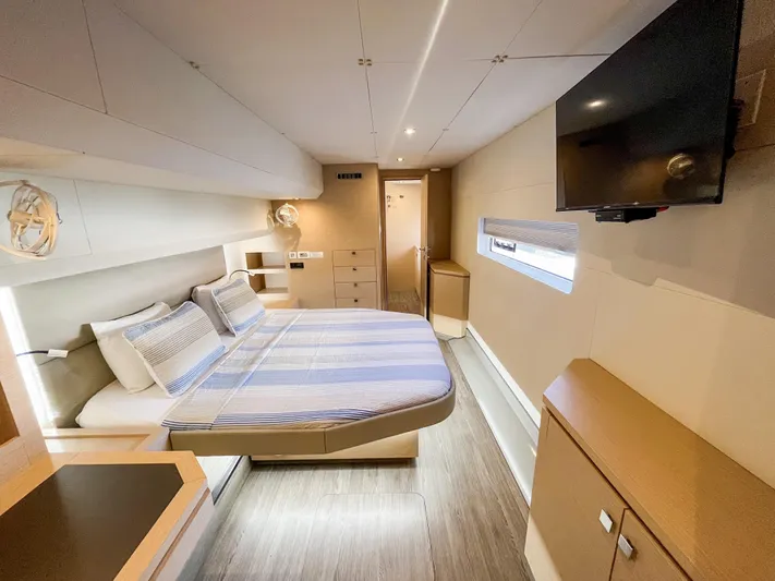  Yacht Photos Pics Luxurious cabin interior of 2020 Fountaine Pajot MY 44 yacht with modern amenities.