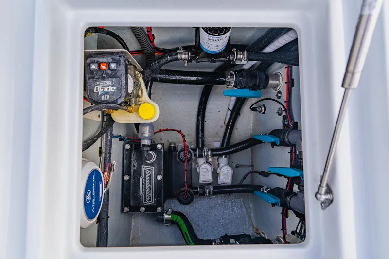  Yacht Photos Pics Electrical and plumbing components inside a 2026 Broadwater 25 Bay Cat boat.