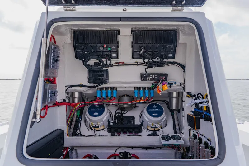  Yacht Photos Pics Electrical system of 2026 Broadwater 25 Bay Cat boat, showcasing wiring and components.