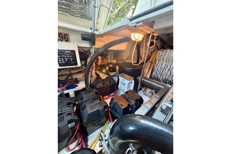  Yacht Photos Pics Engine compartment of 2007 Cruisers Yachts 370 Express with batteries and wiring.