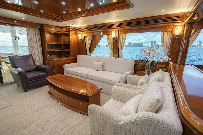 Okie Dokie Yacht Photos Pics Luxurious 2009 Hargrave Enclosed Bridge yacht interior with elegant seating and ocean view.