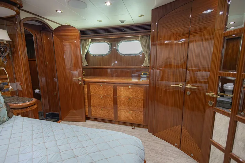 Okie Dokie Yacht Photos Pics Luxurious 2009 Hargrave Enclosed Bridge yacht interior with elegant wood finishes and cozy furnishings.