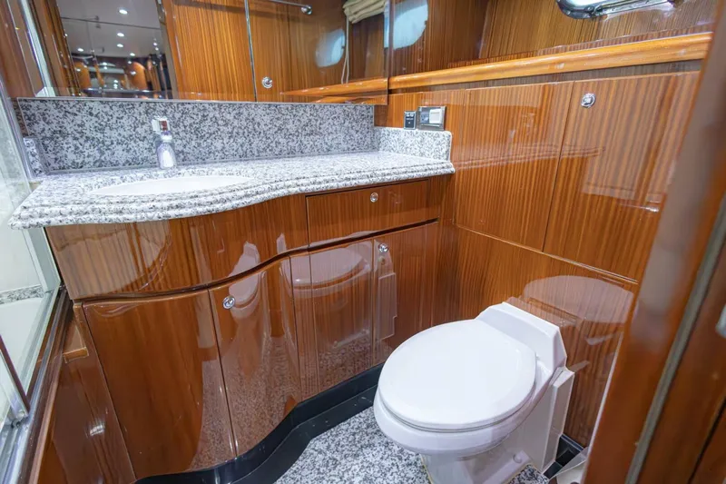 Okie Dokie Yacht Photos Pics Luxurious yacht bathroom with granite countertop and wooden cabinetry, Hargrave Enclosed Bridge 2009.