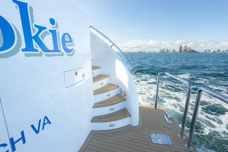 Okie Dokie Yacht Photos Pics 2009 Hargrave Enclosed Bridge yacht with ocean view and elegant wooden steps.