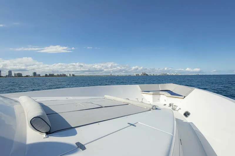 Okie Dokie Yacht Photos Pics Bow view of 2009 Hargrave Enclosed Bridge yacht on open sea with city skyline.