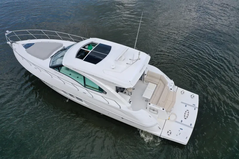  Yacht Photos Pics 2017 Cruisers Yachts 45 Cantius luxury boat on water, aerial view.